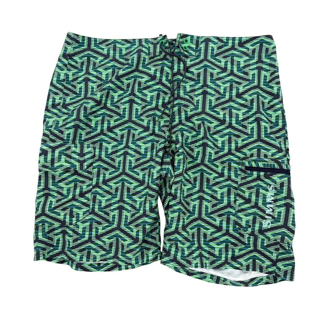 Simms Solarflex Mens Board Shorts Size 40 Green Navy Geometric Fishing Surf